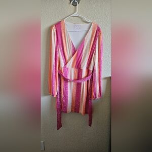 Sequin Belted Striped Pink and Orange Dress